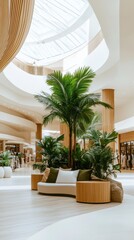 Fototapeta premium Lobby area with palm trees and sofa, in a building with light and bright atrium. Interior design with elegant architecture, resting zone.