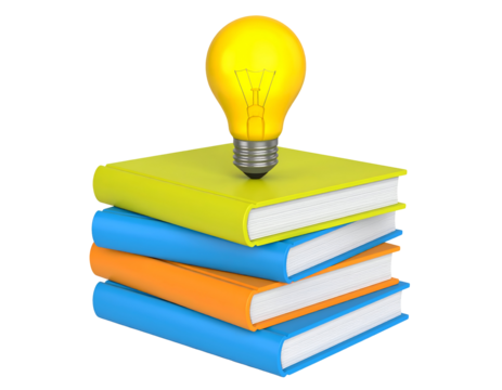 A bright light bulb rests atop a stack of colorful books, symbolizing knowledge and illumination - Powered by Adobe