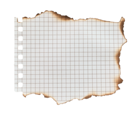 Blank burnt piece of paper from a notebook, isolated on transparent background. Office blank paper concept