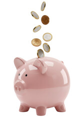 Pink piggy bank with coins falling into it