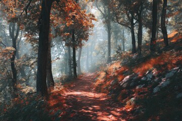 A winding forest trail covered in rust-colored leaves, sunlit haze between trunks, leaves dancing on a light breeze