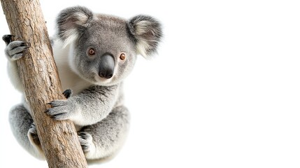 Naklejka premium Koala is sitting on a tree branch. The koala is looking at the camera. The image has a calm and peaceful mood
