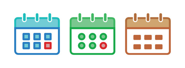 Event Calendar Icon Set Vector, Colorful Date Planner Symbols Graphic, Schedule Reminder Icons, Monthly Planner and Organizer Vector Design, Calendar Icons with Highlighted Dates