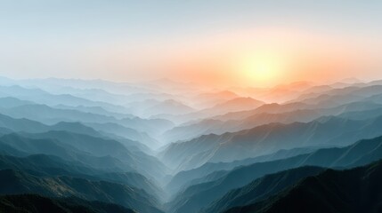 Sunrise Over Misty Mountain Range Blue and Teal Hills at Dawn