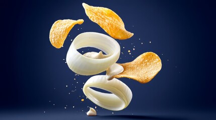 Close up of a bowl of onion rings and a bowl of potato chips. The chips are scattered all over the bowl and the onion rings are piled on top of the chips. Scene is playful and fun