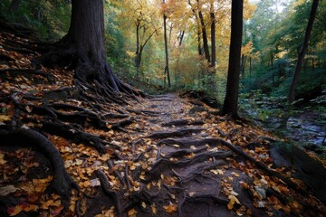 Amber leaf piles beside a winding root-lined trail, soft light filtering and swirling leaves overhead