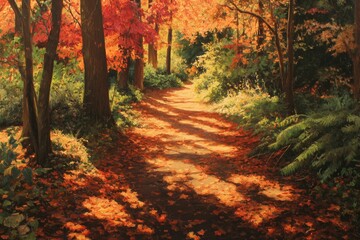 Naklejka premium Amber leaves drifting across a sunlit trail, crimson shadows beneath