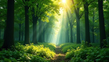 Fototapeta premium Sun-dappled forest canopy, lush green foliage, summer, ecosystem, light