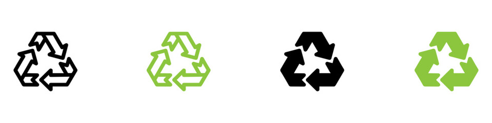 Recycle vector icon set. Arrows, recycle eco green symbol. Rounded angles. Recycled signs illustration isolated on white background. Recycling arrow ecofriendly. Vector Illustration. 