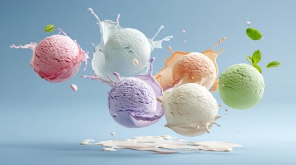 Colorful array of ice cream balls are flying through the air, with some of them landing on a blue surface. Concept of fun and excitement