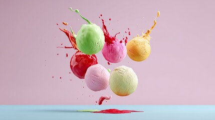 Colorful explosion of ice cream balls in the air. The colors are vibrant and the scene is playful and fun