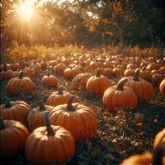 A field of pumpkins basking in the warm autumn sunlight
