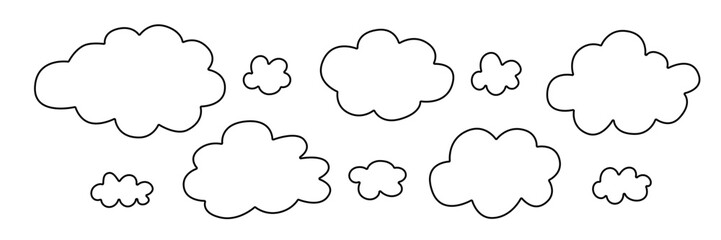 Hand-drawn cloud outlines vector illustration. Simple cartoon-style clouds arranged playfully in different sizes.