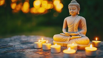 A serene Buddha statue surrounded by softly glowing candles, invoking a sense of peace and tranquility. The warm light from the candles enhances the atmosphere, creating a spiritual ambiance.