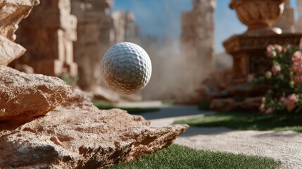 Golf ball is in the air above a rocky terrain. The scene is set in a desert-like environment with a stone path leading to a green area. Concept of adventure and challenge