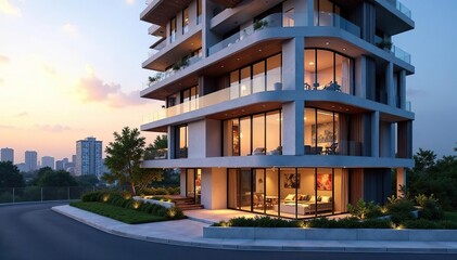 Obraz premium Modern condo building exterior, showcasing sleek architecture and city views , investment, concrete, tower
