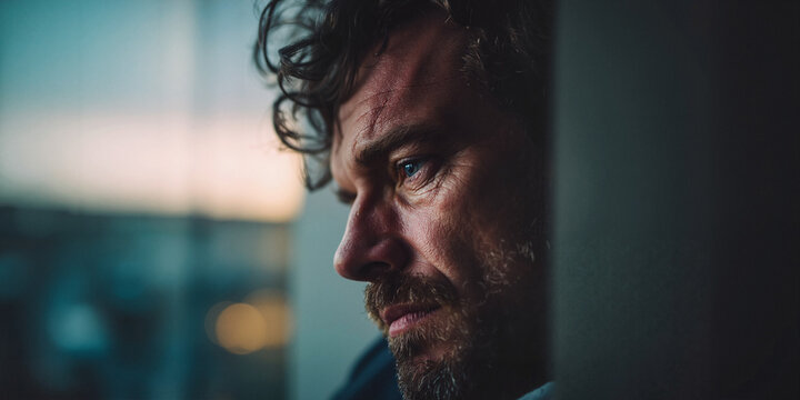 Man with curly hair looking thoughtfully out window at sunset  