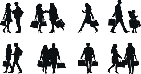 Fototapeta premium Fashionable silhouettes of women and girls in various poses.