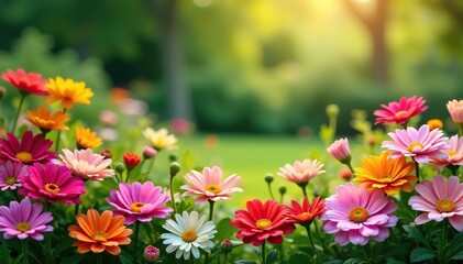 Vibrant border of colorful flowers blooming in a garden , detail, natural, wallpaper