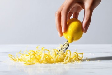 Bright minimalistic food photography, close-up flat lay of a female hand zesting a lemon with a fine zester, curly lemon zest falling onto a white marble surface, 