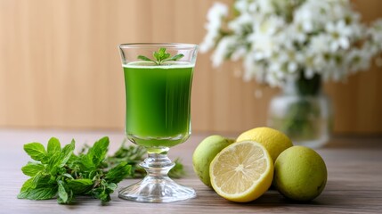 Fototapeta premium Glass of green juice with a lemon slice in it sits on a wooden table. The table is surrounded by a vase of white flowers