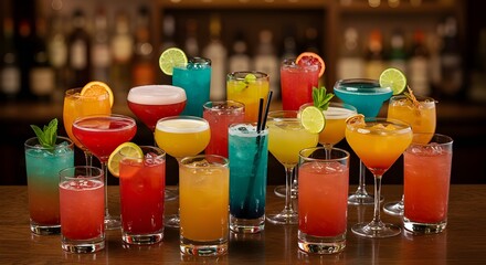 Colorful Cocktail Collection on Bar | Assorted Alcoholic Beverages for Nightlife, Parties, Events and Happy Hour Promotions