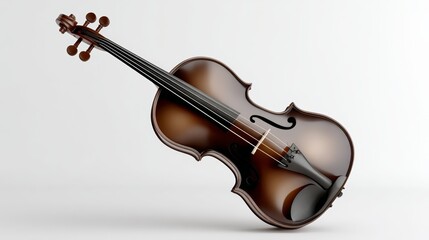 Obraz premium Brown violin is shown in a white background. Concept of elegance and sophistication, as the instrument is a classic symbol of classical music. The focus on the violin and its details