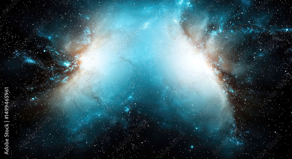 Poster two massive spiral galaxies collide in deep space, creating dramatic cosmic scene with glowing blue 