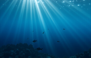 Fototapeta premium Underwater Scene with Sunbeams and Fish