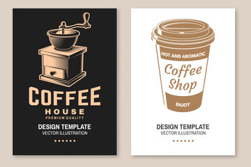 Set of Restaurant and Coffee shop flyer, poster, banner design. Vector. Concept for cafe and restaurant logo, brand, label with reusable coffee cup and retro coffee mill grinder. International coffee