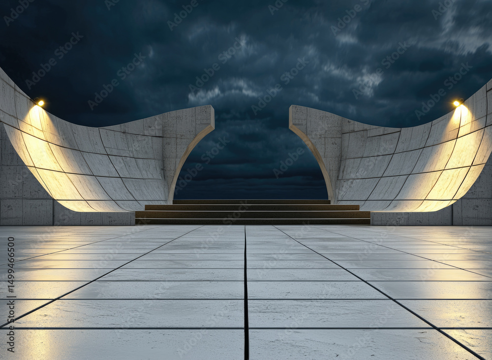 Aufkleber modern pavilion concrete structure dramatic sky illuminated night architecture empty space symmetry