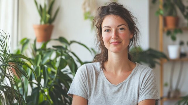 Natural lifestyle shot of woman in t-shirt at home