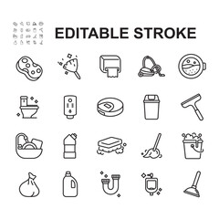 Collection of icons related to house cleaning. Thin line style vectors. Contains icons such as vacuum cleaner, dishwashing, tissue and more.