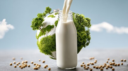 Glass of milk is poured into a glass bottle with a globe and trees surrounding it. Concept of harmony between nature and human consumption, as well as the importance of sustainable agriculture