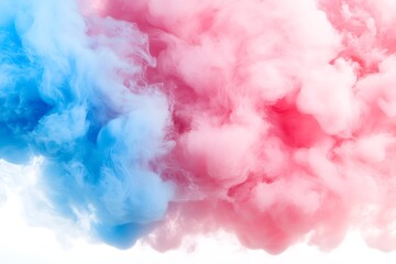 Fototapeta premium Abstract vibrant pink and blue smoke clouds swirling against a white background, creating a dynamic, ethereal effect