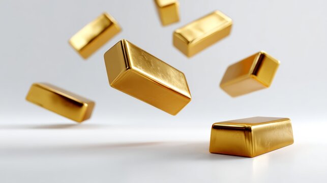 Bunch of gold bars are flying through the air. The bars are all different sizes and are scattered in various directions. The scene is dynamic and energetic