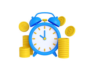 A blue alarm clock surrounded by stacks and floating gold coins, illustrating the concept of time and money