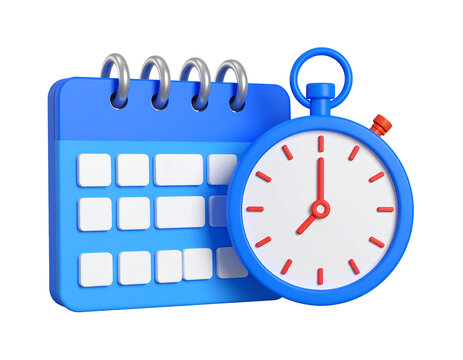 3D render of a blue calendar and stopwatch, symbolizing time management and scheduling
