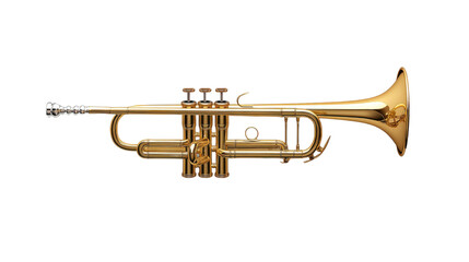Obraz premium Shiny Brass Trumpet Musical Instrument with Detailed Valves and Mouthpiece Isolated on White Background