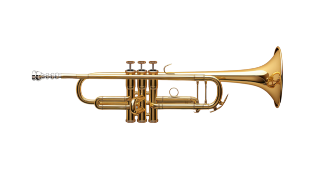 Shiny Brass Trumpet Musical Instrument with Detailed Valves and Mouthpiece Isolated on White Background