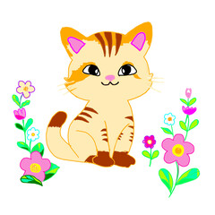 Cat with flowers, A little kitten sits smiling in the middle of a garden of blooming spring flowers.