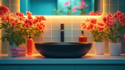 Modern bathroom vanity with plants and soft lighting