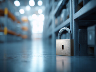 Fototapeta premium Industrial Warehouse Security: Focused Closeup of Metal Lock and Key for Inventory Protection and Risk Management