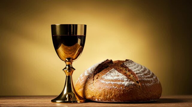 Golden chalice beside fresh bread on wooden table with warm light  
