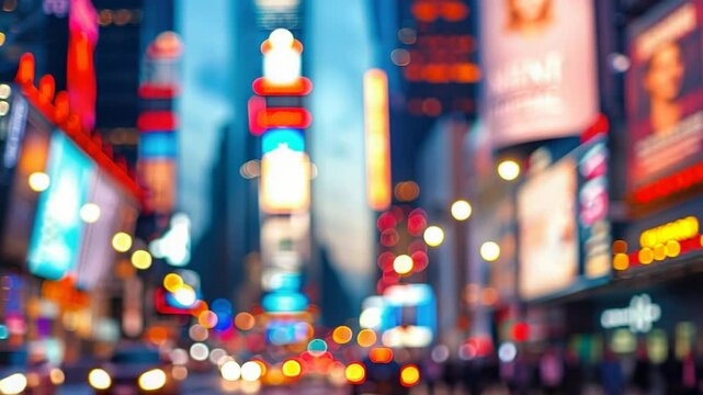 Blurry city lights with neon signs, bustling urban scene