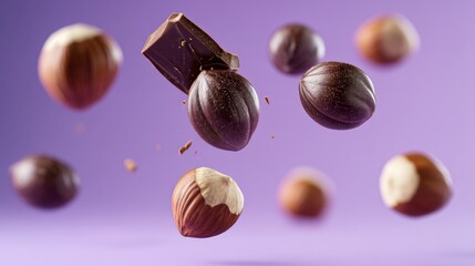Close up of chocolate and nuts with the chocolate being broken off. The nuts are scattered around the chocolate and some are even in the air. Scene is playful and fun, as if the chocolate