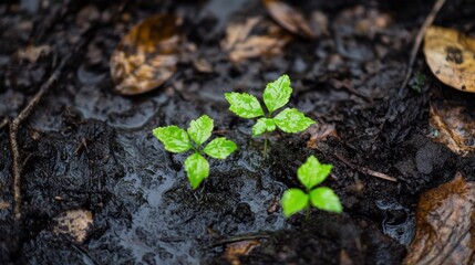 New growth emerging from wet forest floor