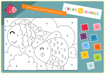 Color by number – cute fish. Animals Activities for kids.  Coloring page for activity book. Vector illustration. Logic Game for boost of fine motor skills, thinking, attention, learning of numbers.
