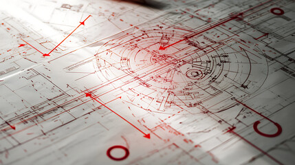  Confidential blueprints spread across a table with red circles and arrows (2)