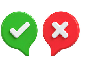 3D rendered green checkmark and red cross in speech bubbles